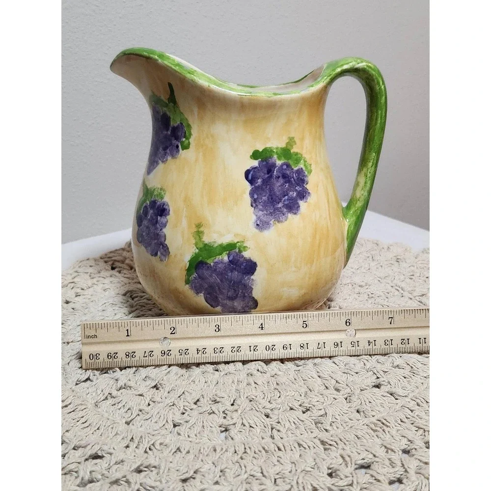Hand Painted Ceramic Grape Pitcher Yellow Purple Artisan Signed 2020 Cottagecore